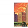 Two images from "Miami, Real and Imagined" by Schiffer Publishing, Ltd.: left—a Hank Klein photo of modern Miami skyscrapers; right—a vibrant cityscape with artistic effects and an intense orange sky, capturing Miami's energy.