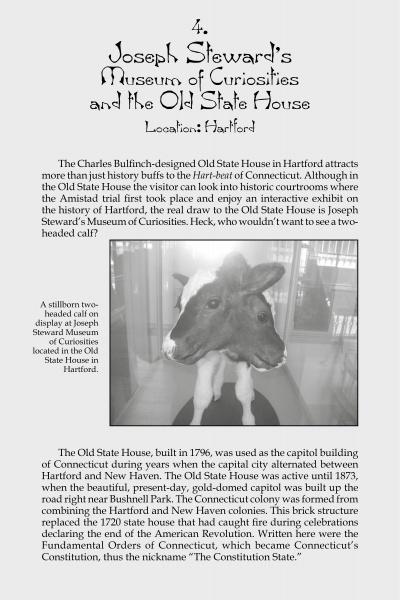 A black-and-white image of a stillborn two-headed calf appears in front of historical text about Joseph Steward’s Museum of Curiosities in "Connecticut Lore" by Schiffer Publishing, Ltd.—highlighting unusual Connecticut destinations.