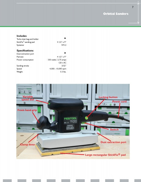 The Festool®Essentials: The Sanders by Schiffer Publishing, Ltd. details an orbital sander’s labeled parts: variable speed dial, locking button, front hand-grip, power cord, switch, clamp lever, Festool dust port, and StickFix pad.