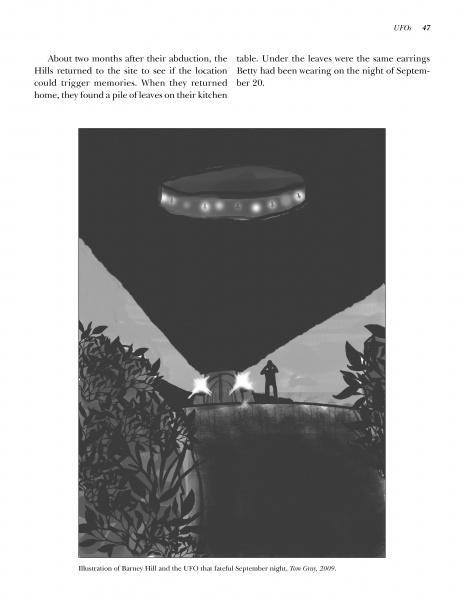 A black-and-white illustration in Schiffer Publishing, Ltd.'s "More New England Graveside Tales" shows a UFO above two people on a dark rural road, shining beams and evoking classic New England hauntings like the Hills' abduction.