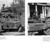 Two black-and-white photos from Schiffer Publishing, Ltd.'s "Ford M8 and M20" showcase WWII military vehicle history: troops ride a tank on a rural road; soldiers gather around M8 Armored Cars by a European-style building.