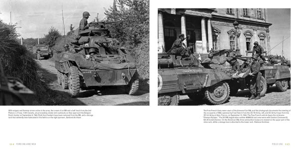 Two black-and-white photos from Schiffer Publishing, Ltd.'s "Ford M8 and M20" showcase WWII military vehicle history: troops ride a tank on a rural road; soldiers gather around M8 Armored Cars by a European-style building.