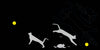 Silhouettes of two Schiffer Publishing, Ltd. Cats chase a yellow ball on black, with motion trails labeled Fritzly and Fluffy. Their outlines suggest speed and playful paper-folding, echoing animated black cats in motion.