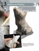 A person uses sandpaper to smooth a small coyote soapstone carving, as shown from multiple angles in "Carving a Coyote in Soapstone" by Schiffer Publishing, Ltd.