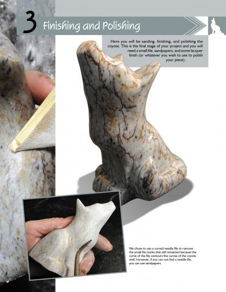 A person uses sandpaper to smooth a small coyote soapstone carving, as shown from multiple angles in "Carving a Coyote in Soapstone" by Schiffer Publishing, Ltd.