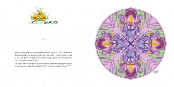 A book spread from Nature Mandalas Wonders of the Garden by Schiffer Publishing, Ltd. features yellow flowers and iris text on the left, with a purple iris mandala on lavender on the right.