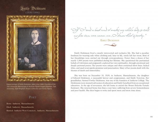 America's Literary Legends by Schiffer Publishing, Ltd. features a framed Emily Dickinson portrait on the left, with her biography and a handwritten poem excerpt on the right—a graceful tribute to this iconic American author.