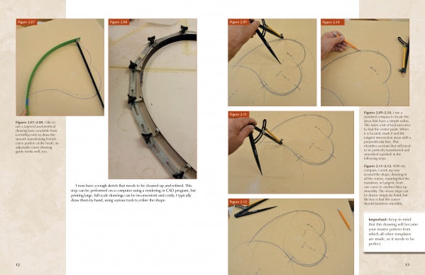 The two-page spread from *Hardwood Edging and Inlay for Curved Tables* by Schiffer Publishing, Ltd. features step-by-step photos and diagrams showing how to use a compass and flexible straightedge to draw a curved heart shape, with clear captions and explanations.