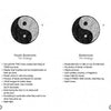 Four yin-yang symbols above text share EZ2 Feng Shui tips from Schiffer Publishing, Ltd. for Master Bedroom, Youth Bedroom, Bathroom, and Dining Room—giving placements, decor, and Bagua map advice to balance home energy in each room.