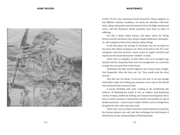 A copy of "Hump Drivers" by Schiffer Publishing, Ltd. is open to a pencil sketch of WWII Hump pilots near a large airplane on the left page, with text about Air Transport Command aircraft maintenance on the right.