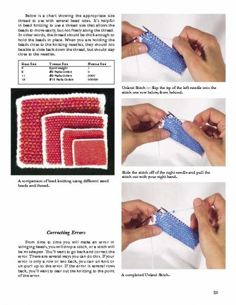 The Knitting Beaded Purses magazine page from Schiffer Publishing, Ltd. features a bead size chart, swatches, step-by-step Uridai Stitch photos, plus tips and error correction—ideal for antique or vintage beaded purse projects.