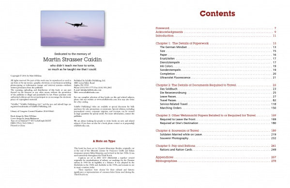 On the left, “German Military Travel Papers of the Second World War” by Schiffer Publishing shows a sunset plane and a dedication to Martin Strasser Ciddin; on the right, red-titled contents evoke original German military ephemera.