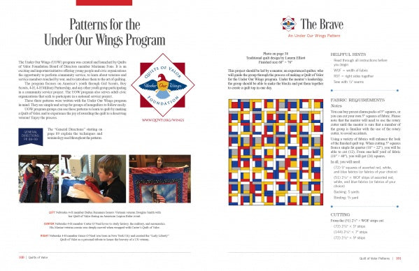 A magazine spread about the Quilts of Valor by Schiffer Publishing, Ltd. showcases text, the program’s logo, sewing photos, and a vibrant geometric quilt pattern in red, yellow, blue, and white.