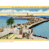 A vintage postcard from "Steamboat Days on the Chesapeake" by Schiffer Publishing, Ltd. shows crowds at Tolchester Beach pier walking toward the Bear Mountain steamboat, with a large ship on Chesapeake Bay beneath a blue sky.