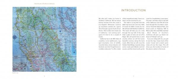 On the left page of "Back Roads of Northern California" by Schiffer Publishing, Ltd. is a Southern California map; the right page introduces California travel with personal stories and photography of redwoods and vineyards.