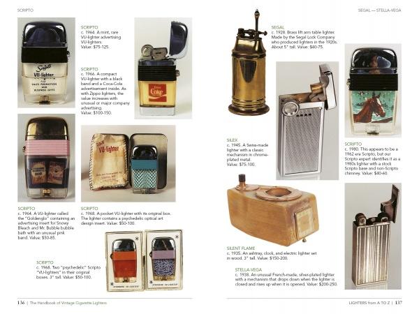 The Handbook of Vintage Cigarette Lighters by Schiffer Publishing, Ltd. showcases diverse lighter designs with images and descriptions, offering collectors a unique guide to styles, shapes, and materials across two illustrated pages.