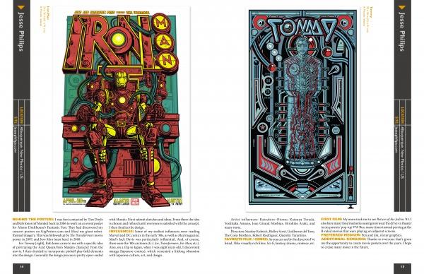 A spread from Alternative Movie Posters by Schiffer Publishing, Ltd. shows two vibrant posters: Iron Man in his suit on a throne, and a robotic figure inside a high-tech vertical structure, each with captions beneath.