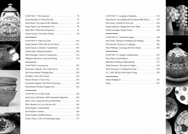 Table of contents pages from "What Makes a Potter" by Schiffer Publishing, Ltd., framed by black and white photos of decorative bowls, plates, and teapots, showcasing the artistry and history of American studio ceramics.