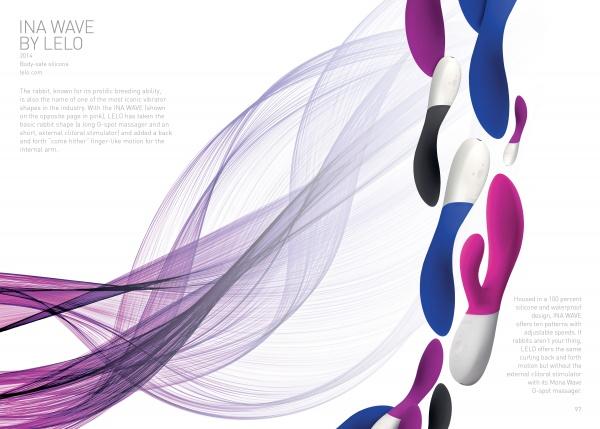 A product display for Objects of Desire by Schiffer Publishing, Ltd., featuring sleek erotic product design with colorful, curved sex toys (in pink, purple, and blue) on a white background accented by flowing purple lines and descriptive text on the left.