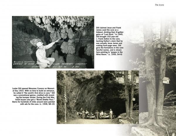 Schiffer Publishing, Ltd.'s "Route 66" collage showcases three black-and-white images—cave formations, a cave entrance, and a forest with a hanging sign—spotlighting Route 66 history, artist Leslie Dill’s impact, and vintage Ozarks postcards.