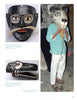 Collage of three images from "Mexican Masks and Puppets" by Schiffer Publishing, Ltd.: bull and dog Sierra de Puebla masks with mustaches and painted details, plus a person in a striped shirt adjusting a mouse mask, evoking Mexican masked dances.