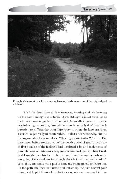 A black-and-white book page from "Ghosts of the North Carolina Shores" by Schiffer Publishing, Ltd. depicts a dirt path among trees and grasses, with a caption narrating an eerie encounter—one of many local ghost stories featured inside.