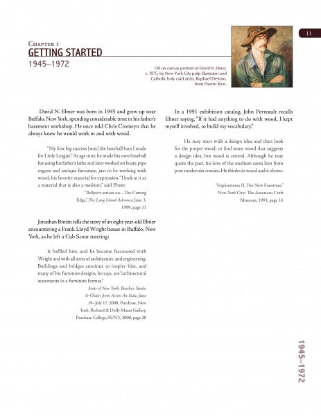 The book page “Getting Started 1945-1972” from David N. Ebner: Studio Furniture (Schiffer Publishing, Ltd.) features a portrait of Ebner and discusses his early life, love for American design, meeting Jonathan Binimelis, and a John Petrarca quote.