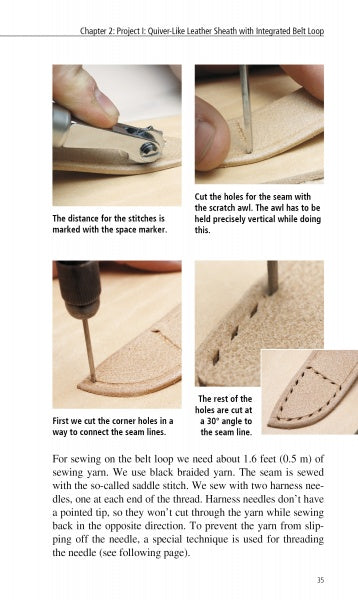 Making Leather Knife Sheaths - Volume 1 by Schiffer Publishing, Ltd. features step-by-step photo guides for marking, cutting, and stitching a leather knife sheath, plus punching angled belt loop holes. Text instructions explain key leatherworking techniques.