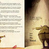 In Sticks ’n’ Stones ’n’ Dinosaur Bones by Schiffer Publishing, Ltd., two clowns in fancy dress read a scroll about fossil hunting, while opposite, a suited figure faces away, arm outstretched, with text overlaying both illustrated pages.
