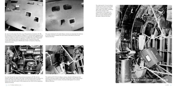 A two-page spread from B-17 Flying Fortress, Vol. 1 by Schiffer Publishing, Ltd. shows black-and-white photos of WWII aircraft interiors and equipment, including cockpit controls and panels, with detailed captions and aviation history context.