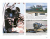 A page from "Marcel Dassault Mirage III" by Schiffer Publishing, Ltd. features four images: cockpit interior, windshield close-up, the jet on the runway, and its engine on a cart, each with captions highlighting technical advances.
