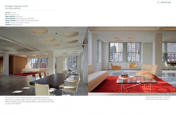 A spacious modern loft is featured in Schiffer Publishing, Ltd.'s "Condo Makeovers," showcasing elegant interiors with a dark dining table, white chairs, light living room furniture, a glass coffee table, and a red rug bathed in natural light.