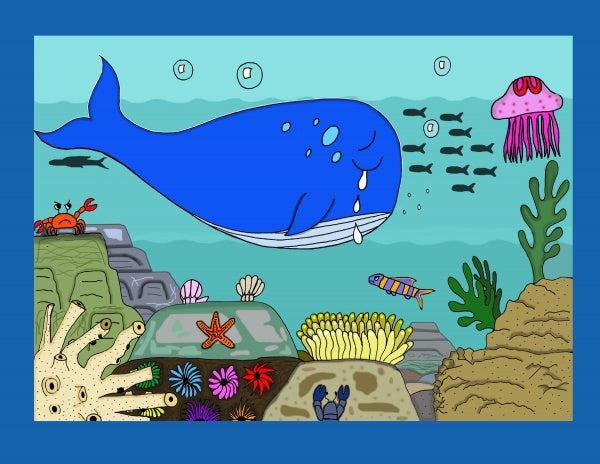 Cartoon of an underwater scene from "Baby Blue Has the Blues" by Schiffer Publishing, Ltd., showing a cheerful blue whale blowing bubbles among sea plants and coral—ideal for early readers and celebrating ocean friends' differences.