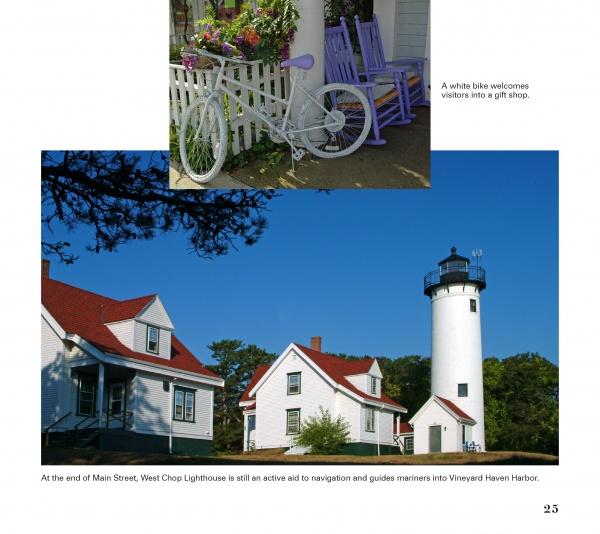 A white bike with a basket rests by a porch with purple chairs as West Chop Lighthouse rises beside red-roofed houses—an inviting moment from "Martha’s Vineyard Perspectives" by Schiffer Publishing, Ltd.