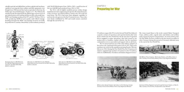 A two-page spread from Schiffer Publishing, Ltd. features the Harley-Davidson WLA with WWII text, technical diagrams, and four black-and-white photos of soldiers with these motorcycles and sidecars. Chapter: Preparing for War.