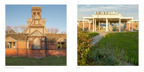 Side-by-side images: a brown wooden church with grass and the Deal Casino entrance with white columns—showcasing classic coastal scenes from The Jersey Shore by Schiffer Publishing, Ltd.