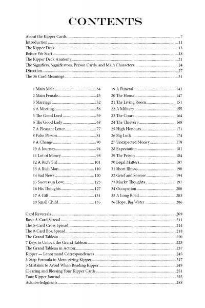 Table of contents for "The Art of Kipper Reading" by Schiffer Publishing, Ltd., listing chapters on German origins, card meanings, spreads, techniques, combinations, case studies, and further resources with page numbers.