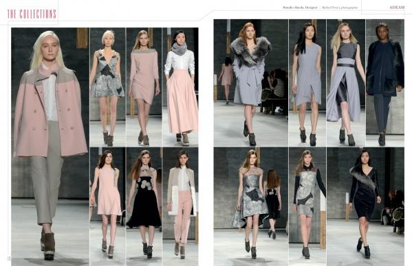 The SFP LookBook: Mercedes-Benz Fashion Week Fall/Winter 2014 Collections by Schiffer Publishing, Ltd. highlights soft pink, grey, and black fashions with clean lines, asymmetrical cuts, and fur accents in dresses, coats, skirts, and pants.