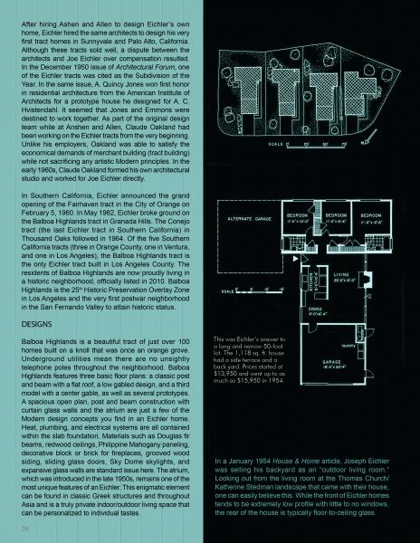 A vintage magazine page from "Modern Tract Homes of Los Angeles" by Schiffer Publishing, Ltd. showcases Eichler home floor plans, labeled rooms, and postwar design history on a dark teal background.