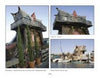 Three photos from Schiffer Publishing, Ltd.'s "Houseboats" show a whimsical home with an uneven roof and unique architecture, surrounded by tall plants and stone walls; its balcony overlooks water under a clear sky.