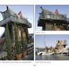Three photos from Schiffer Publishing, Ltd.'s "Houseboats" show a whimsical home with an uneven roof and unique architecture, surrounded by tall plants and stone walls; its balcony overlooks water under a clear sky.