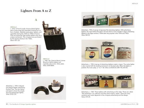 The Handbook of Vintage Cigarette Lighters by Schiffer Publishing, Ltd. features a catalog of classic lighters with descriptions and prices, including boxed, engraved, and novelty advertising designs with colorful logos—perfect for collectors.