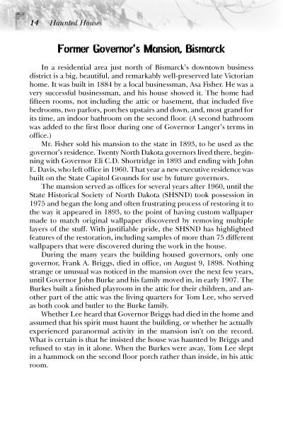 A page from "Spooky Creepy North Dakota" by Schiffer Publishing, Ltd. features black text on white, recounting the Former Governors Mansion’s history, past owners, and ghostly tales from North Dakota.
