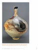 Pit Firing Ceramics by Schiffer Publishing, Ltd. showcases a wheel-thrown ceramic vase with a narrow neck, round body, earthy tones, smoky pit-firing patterns, and inscribed text—blending modern and ancient firing techniques.