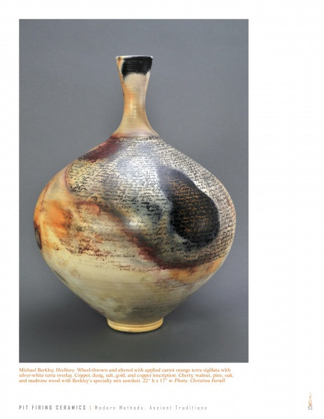 Pit Firing Ceramics by Schiffer Publishing, Ltd. showcases a wheel-thrown ceramic vase with a narrow neck, round body, earthy tones, smoky pit-firing patterns, and inscribed text—blending modern and ancient firing techniques.