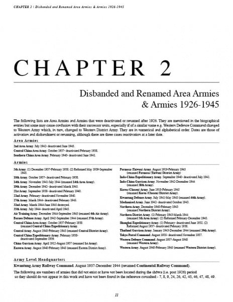 Japanese Generals 1926-1945 by Schiffer Publishing, Ltd. is a Japanese military reference listing area armies with formation/disbandment dates, notes, and headquarters numbers for the Pacific War era.