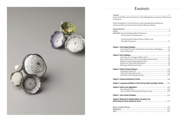 On the right, a table of contents lists chapters and pages from "Korean Metal Art" by Schiffer Publishing, Ltd. On the left, intricate circular objects inspired by Korean metal art are displayed on a light gray surface.