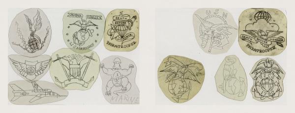 Classic Tattoo Stencils by Schiffer Publishing, Ltd. offers hand-drawn military tattoo and insignia sketches in the classic American style, with eagles, parachutes, banners, skulls, and phrases like US Marine and Death Before Dishonor.