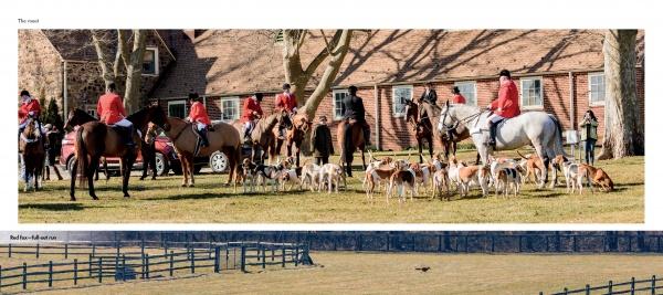 A group in red jackets on horseback with hounds stands on grass before a brick building, evoking Chester County’s charm—featured in "Barns, Farms, and Rolling Hills of Chester County" by Schiffer Publishing, Ltd. A field and a lone bird complete the scene.