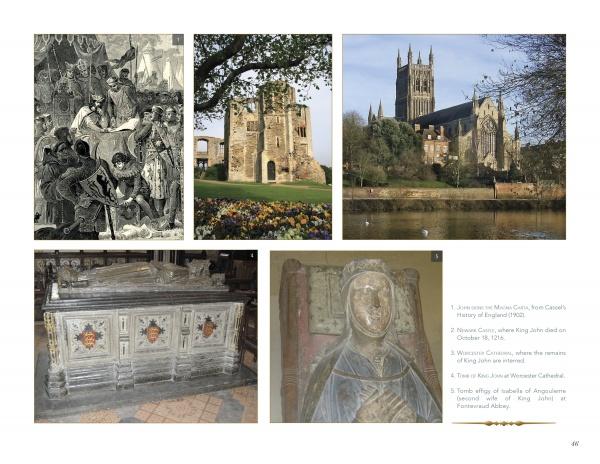 A collage with five images from "Great Britain’s Royal Tombs" by Schiffer Publishing, Ltd.: a medieval King John illustration, stone castle ruins, riverside cathedral, carved tomb of an English monarch, and painted medieval panel of a crowned figure.